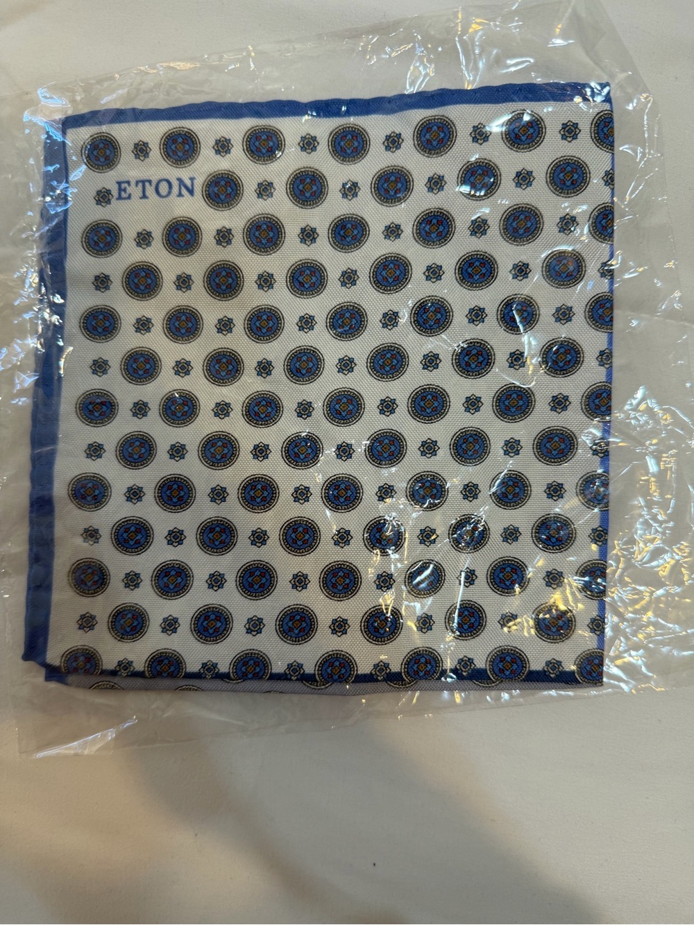 Eton White Pocket Square with Blue Medallion Print